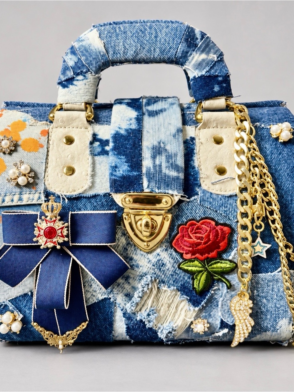 Up cycled Denim Embellished Women’s Handbag with Gold Chain and Red Rose
